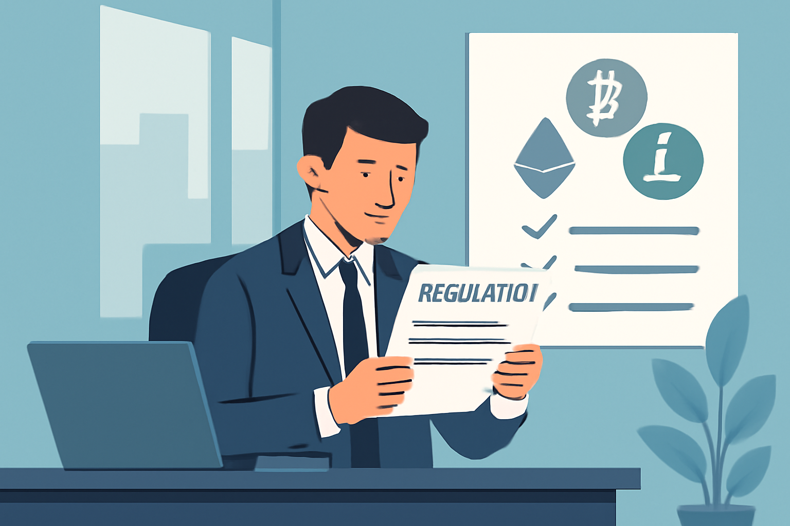 A businessperson reading regulatory documents with crypto symbols and a checklist in a modern office setting