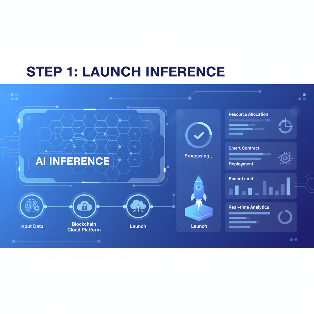 sleek futuristic dashboard launching AI inference on blockchain cloud platform