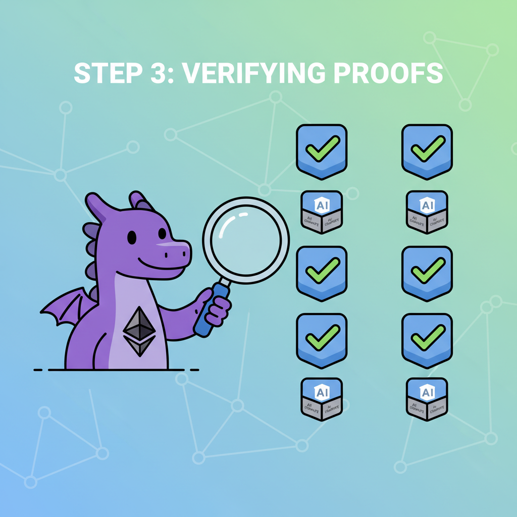 ethereum blockchain verifier checking green ticks on AI compute proofs