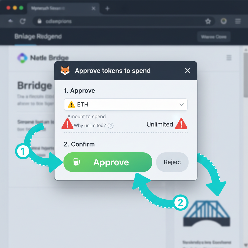 MetaMask popup for token approval on bridge, green approve button, warning icons, step-by-step arrow guides