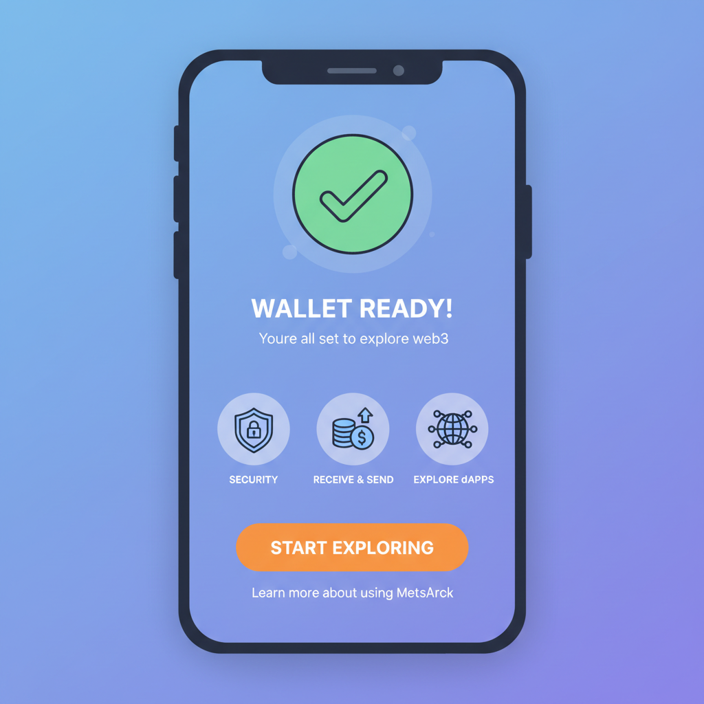 MetaMask wallet setup complete screen on mobile, success checkmark, educational icons