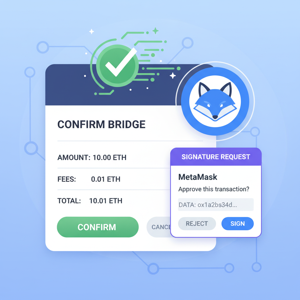 Final bridge confirmation screen with amount, fees, and MetaMask sign popup, success animation style