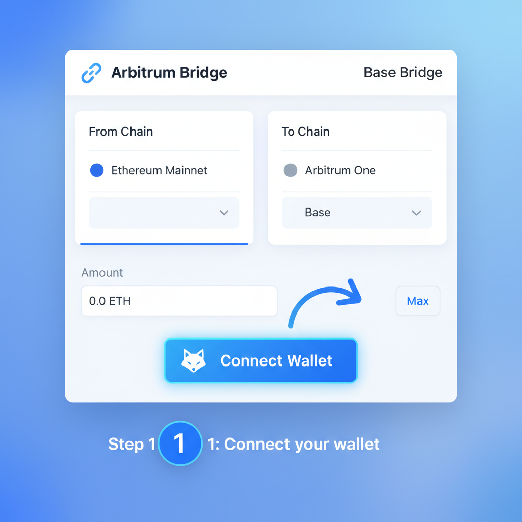 Clean screenshot of Arbitrum or Base bridge UI with MetaMask connect button highlighted, tutorial style, blue tones, simple interface