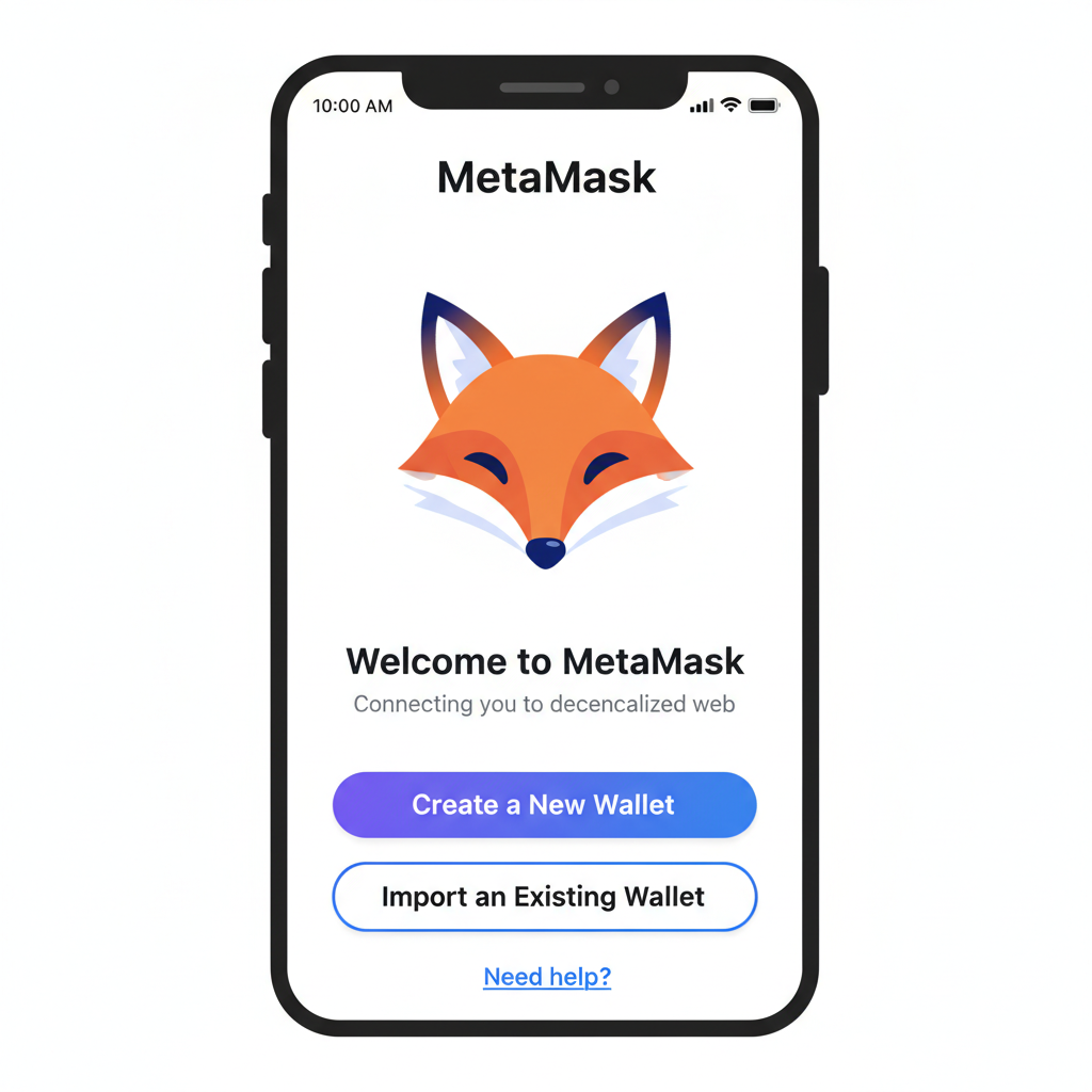 MetaMask app interface creating new wallet on mobile phone, clean UI screenshot style