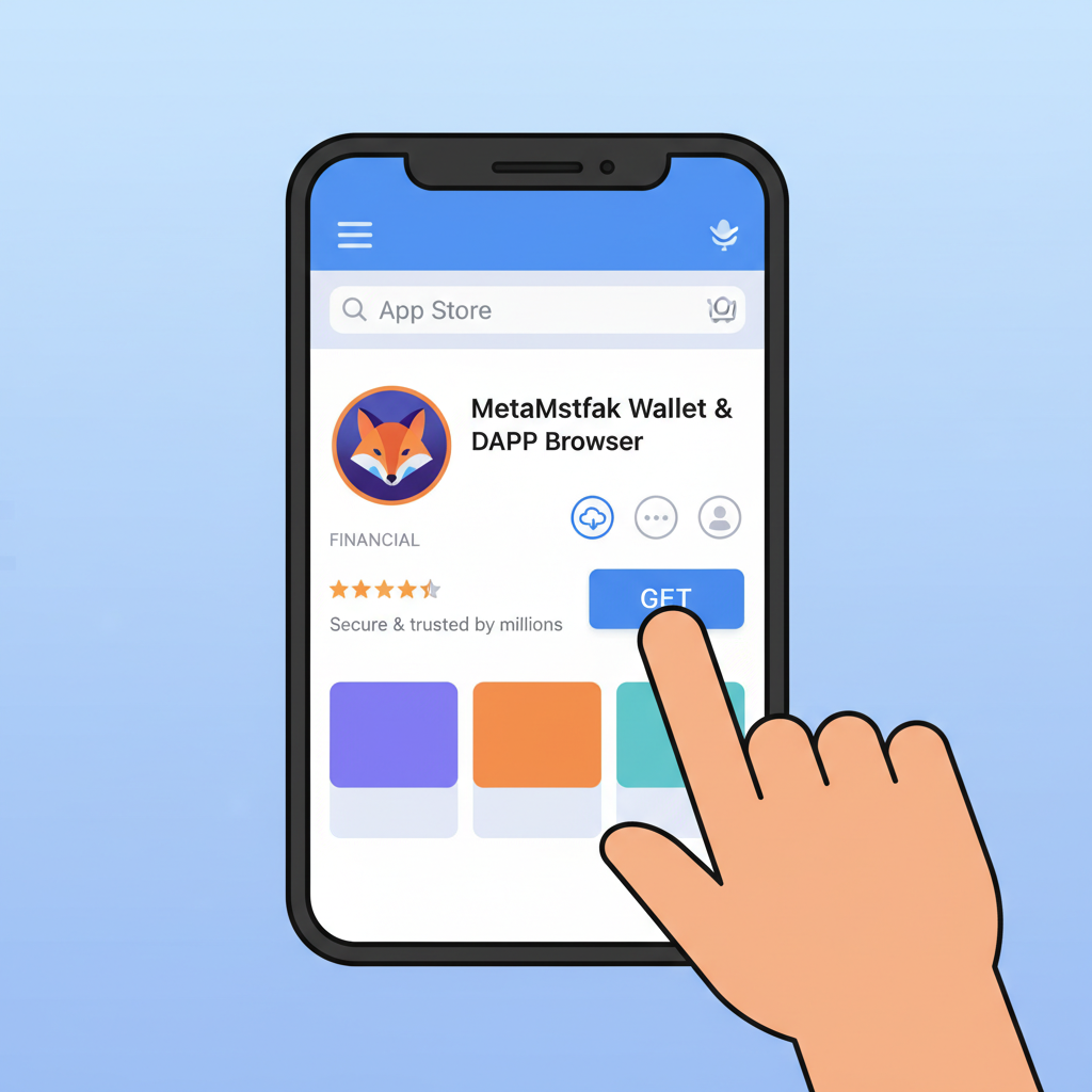 smartphone screen showing MetaMask app download from app store, realistic, beginner friendly