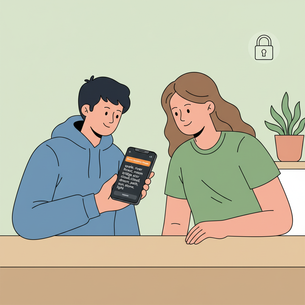 person screen sharing phone with MetaMask seed phrase visible, trusted friend watching IRL, secure setting