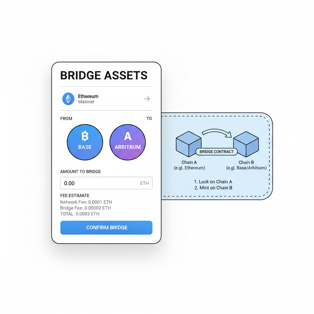 Bridge interface showing ETH amount input field, Base or Arbitrum selected, fee estimate visible, educational diagram overlay