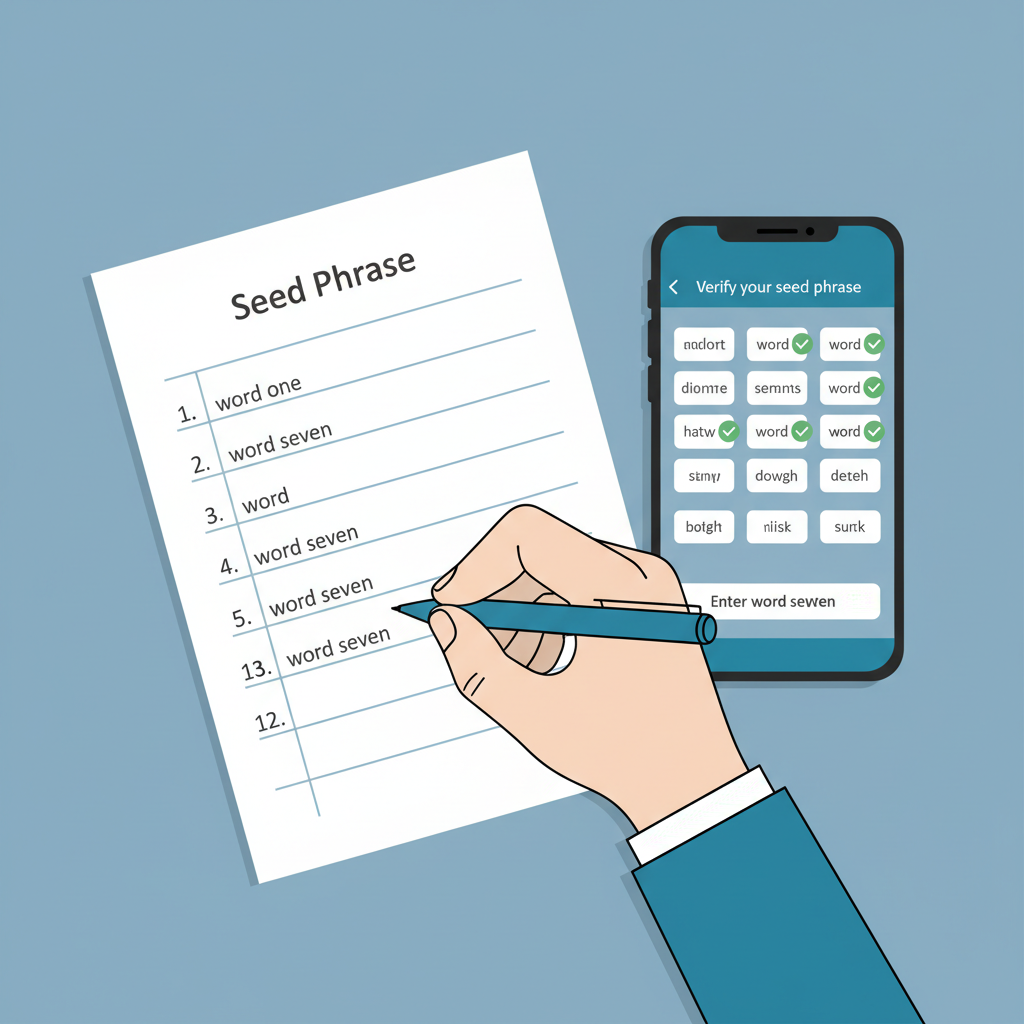 hand writing seed phrase on paper next to phone, verification step, focused and secure