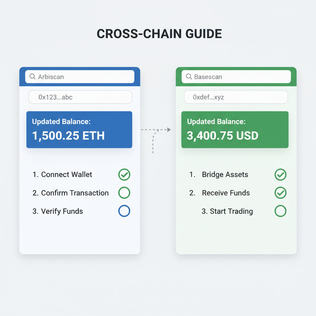 Dual explorer view: Arbiscan or Basescan showing updated balance, checklist icons overlaid, green checkmarks
