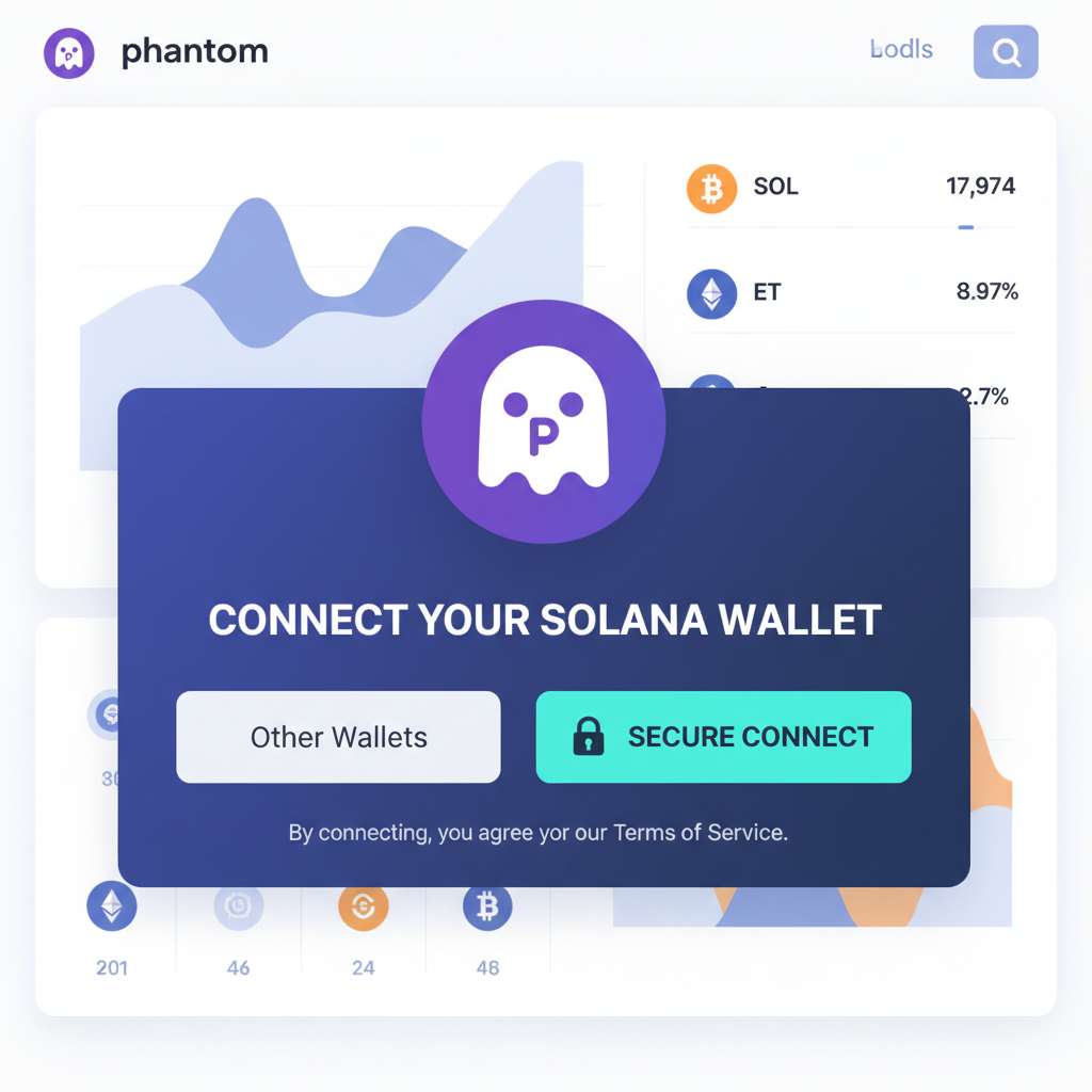 solana wallet connection popup on crypto dashboard, phantom wallet icon, secure connect button, futuristic ui