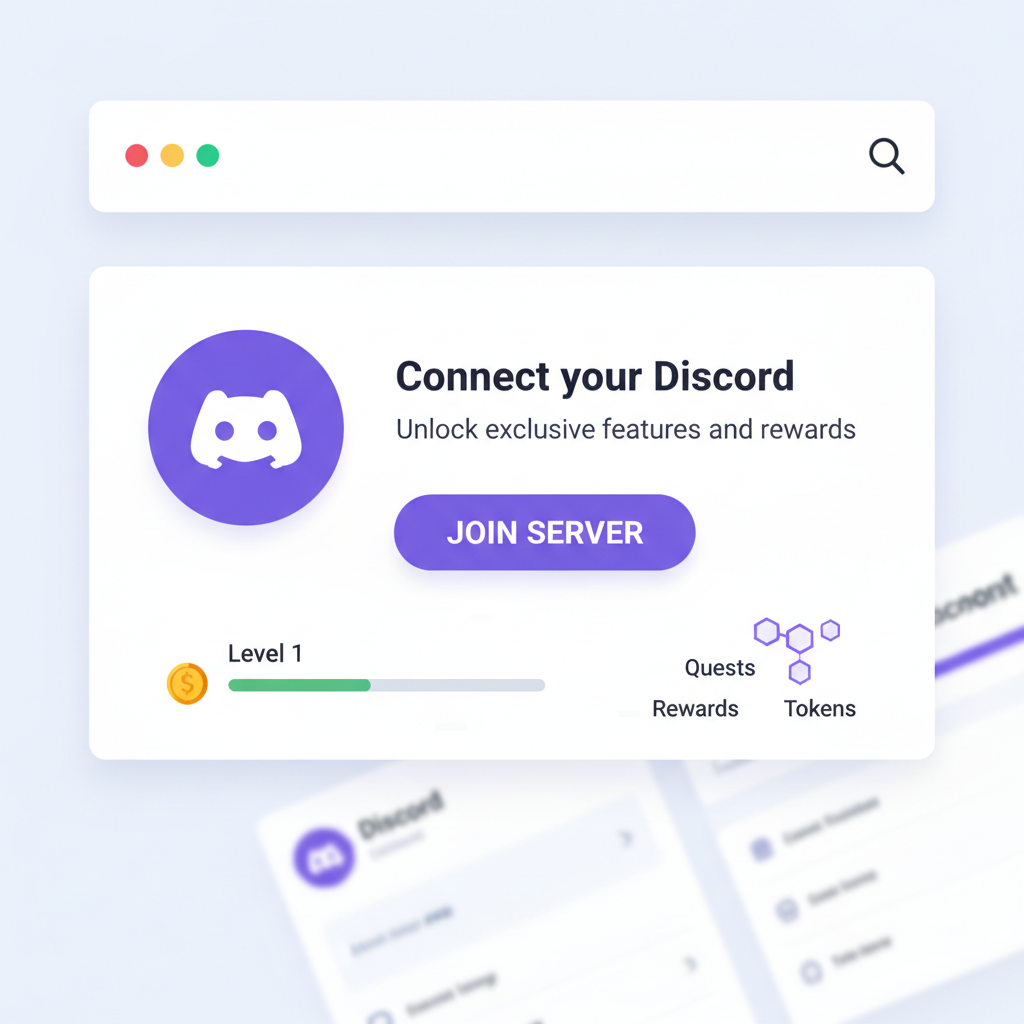 discord connect integration on web dashboard, purple discord logo, join server button, gamified crypto interface