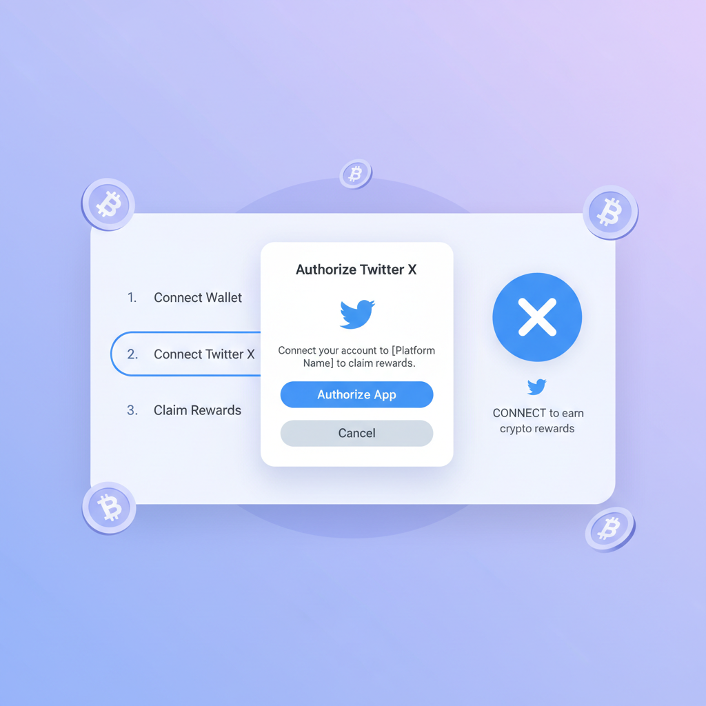 twitter x connect button on airdrop dashboard, blue bird icon, authorization popup, crypto rewards theme