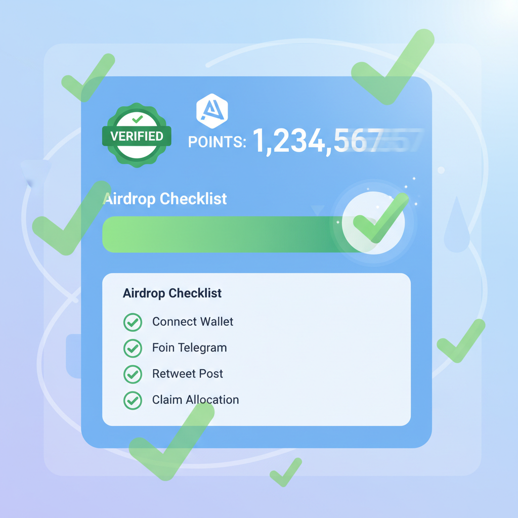 verified badge on crypto airdrop dashboard, points counter ticking up, checklist completed, celebratory green checkmarks