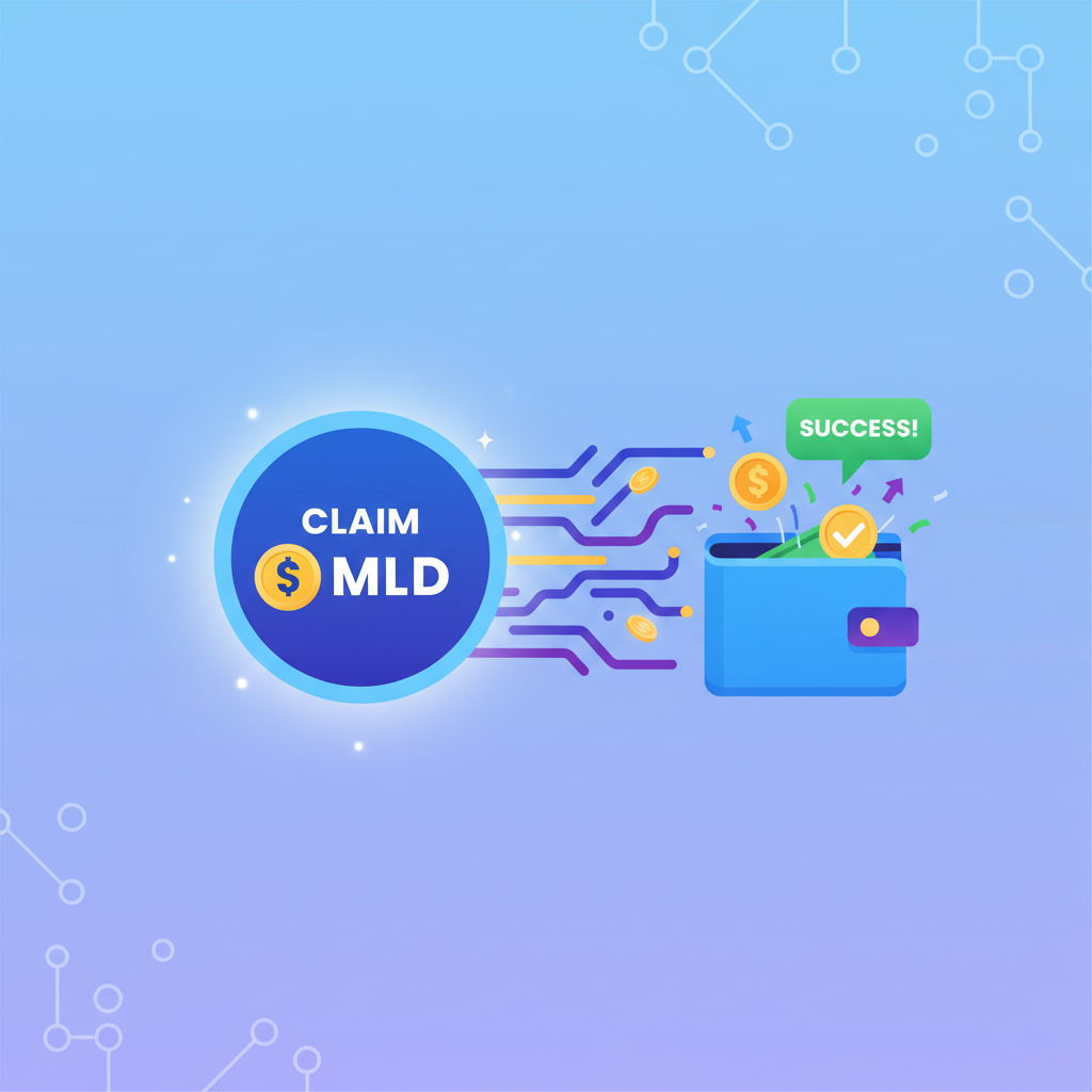 Claim button pulsing with $MLD rewards, tokens flowing to wallet, success animation, vibrant crypto art