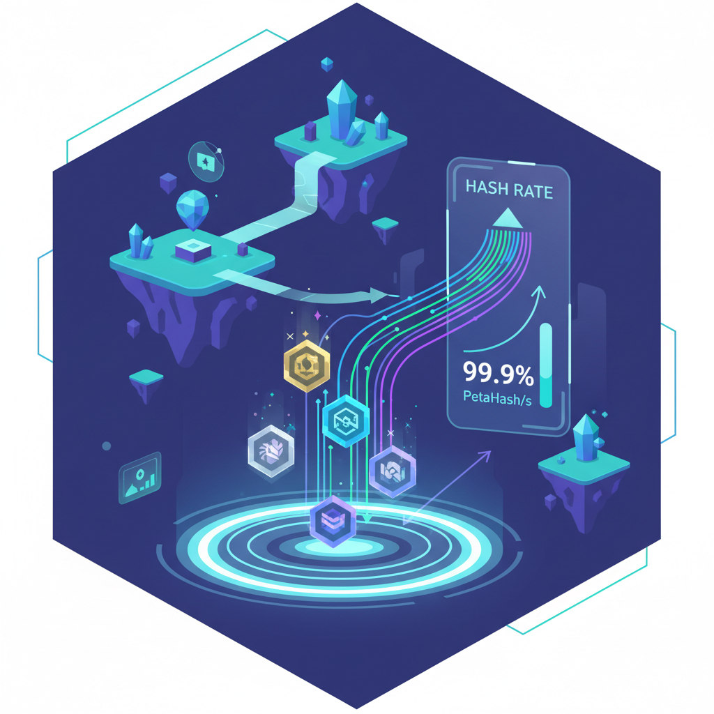 NFTs entering glowing staking pool with rising hash rate meter, energy beams, sci-fi metaverse