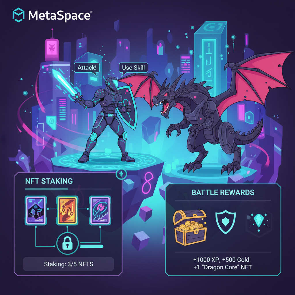 MetaSpace player staking NFTs while battling in RPG metaverse, rewards overlay, epic fantasy cyberpunk fusion