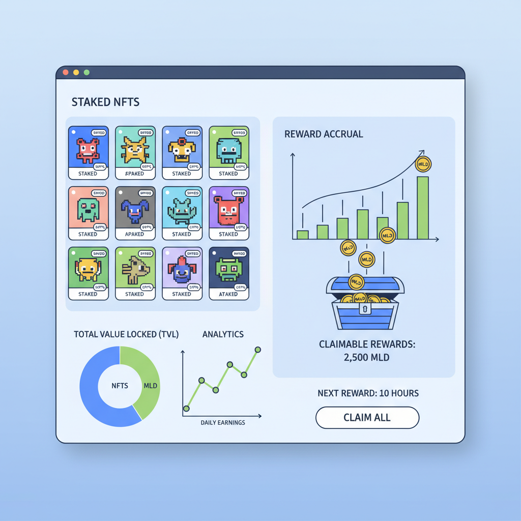 dashboard monitoring staked NFTs, reward accrual graph with MLD tokens raining, analytical charts