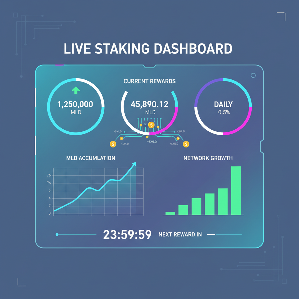 Live staking dashboard with reward counters, $MLD tokens accumulating, graphs rising, holographic display