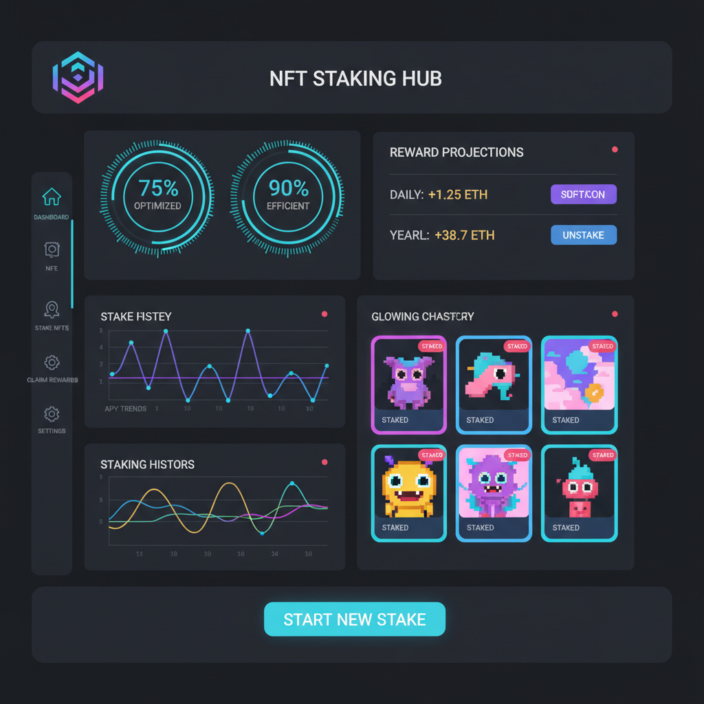 NFT staking dashboard, hash rate meters, reward projections, glowing charts, dark mode UI