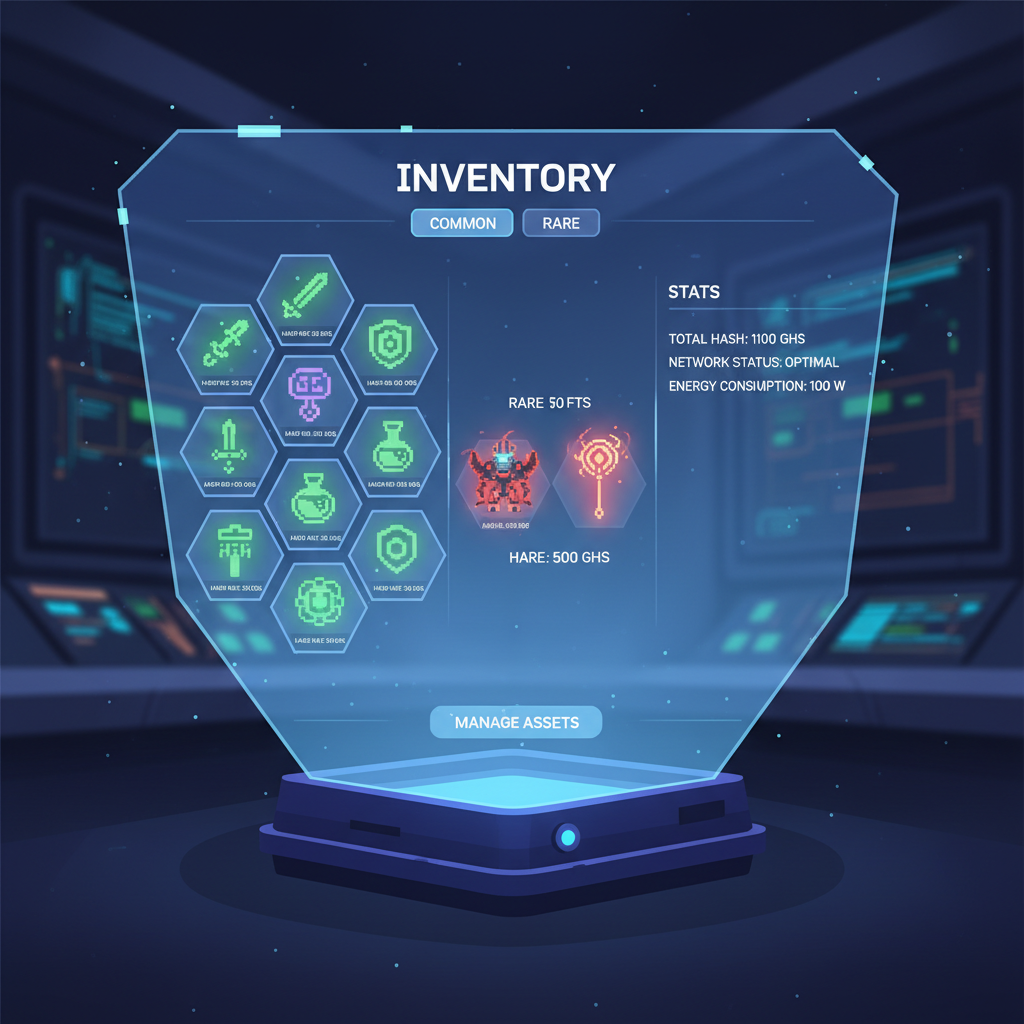 inventory screen showing glowing common and rare NFTs with hash rate stats, RPG game style, holographic display