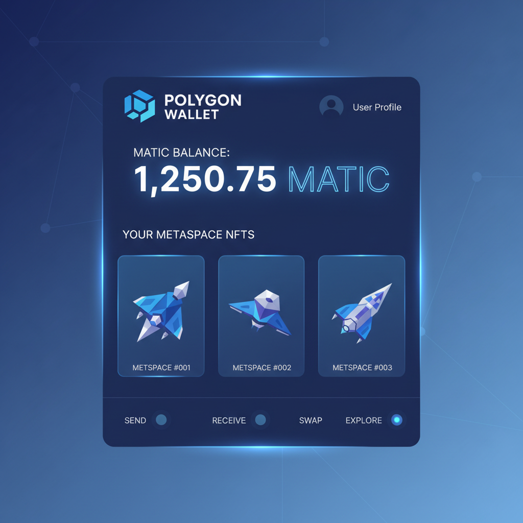 Polygon wallet interface showing MetaSpace NFTs, MATIC balance, futuristic blue glow, clean UI