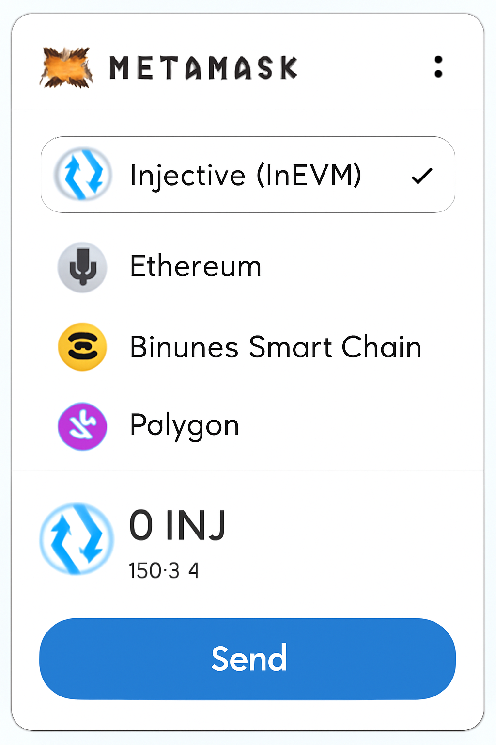 MetaMask network list showing Injective (inEVM) selected, wallet ready for INJ transactions, price $6.54 displayed