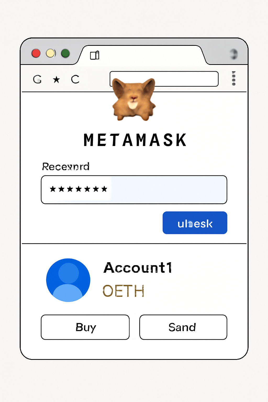 browser window showing MetaMask extension unlocked, password entered, wallet dashboard visible