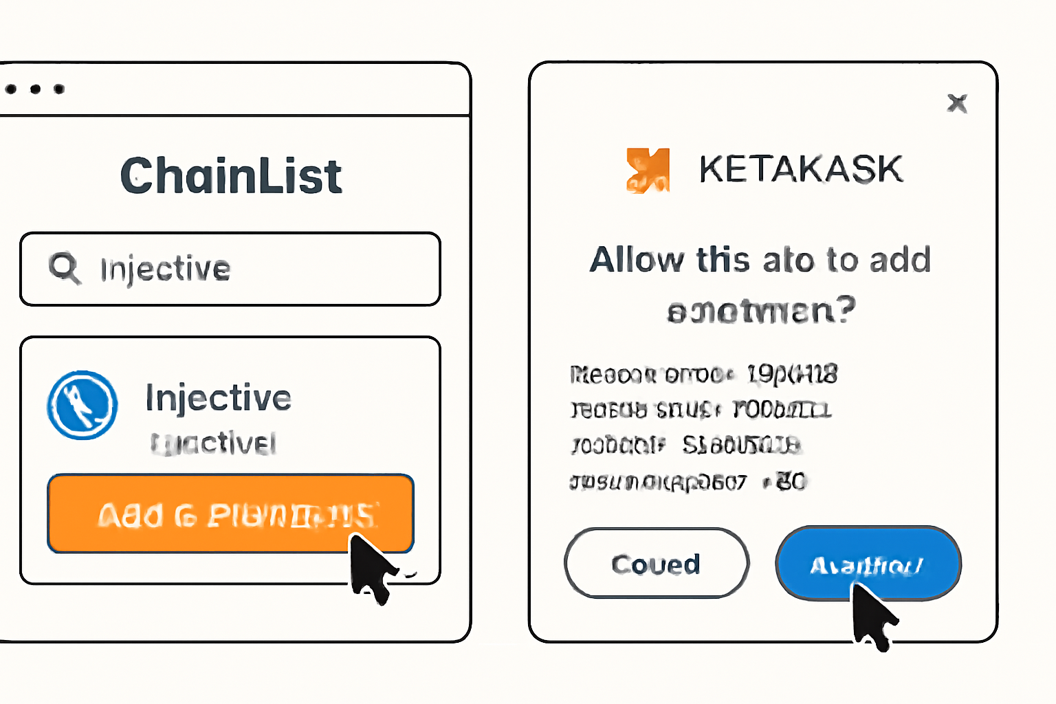 ChainList website open, 'Injective' network found, 'Add to MetaMask' button highlighted, MetaMask approval popup