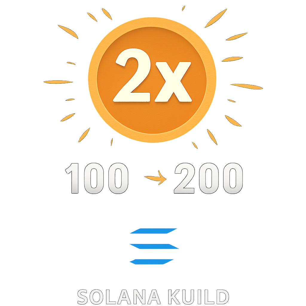 glowing 2x multiplier badge activating, points doubling animation, Solana guild emblem, energetic gold sparks