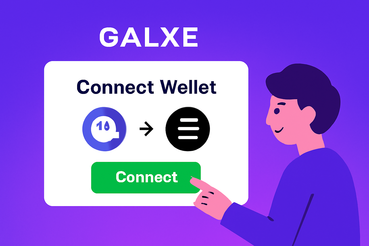 user connecting Phantom wallet to Galxe, Solana blockchain icons, green connect button, vibrant purple hues