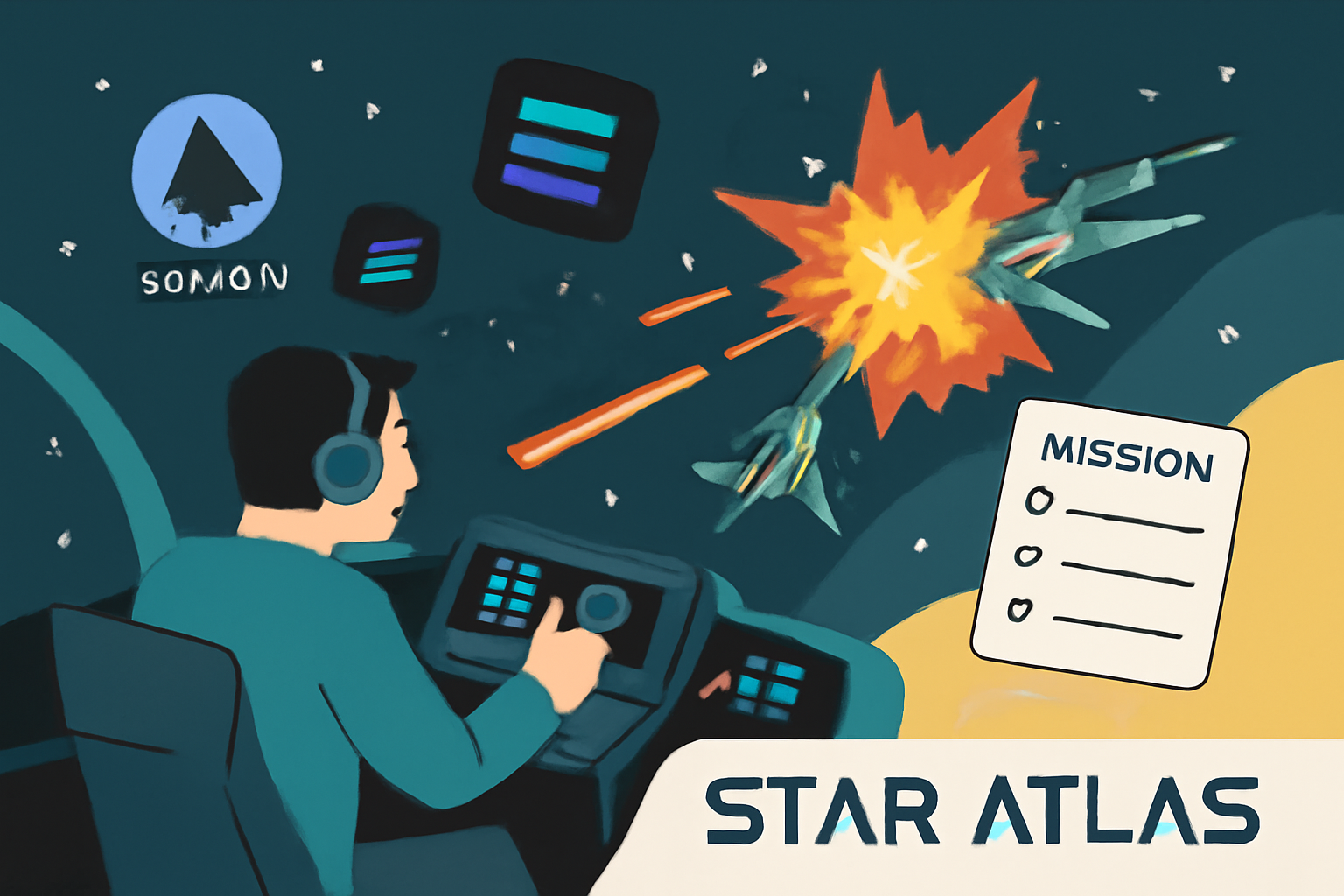 player in Star Atlas spaceship battle, Solana games icons floating, mission checklist, explosive action scene