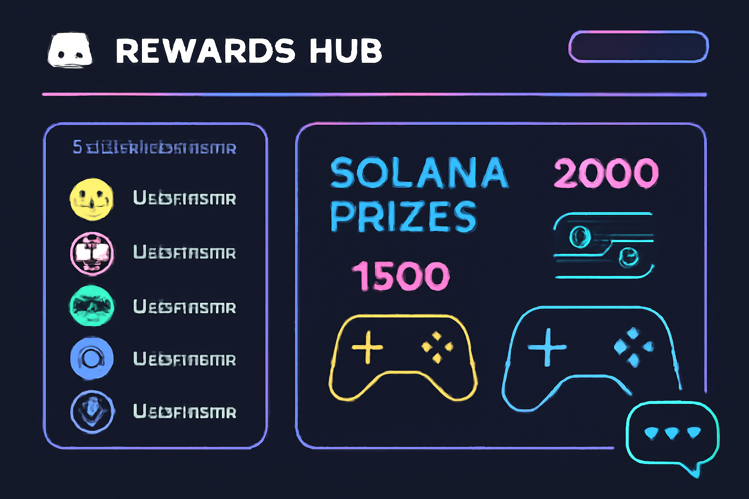 Discord Reward Hub dashboard showing points leaderboard, Solana prizes, chat bubbles, neon gaming theme