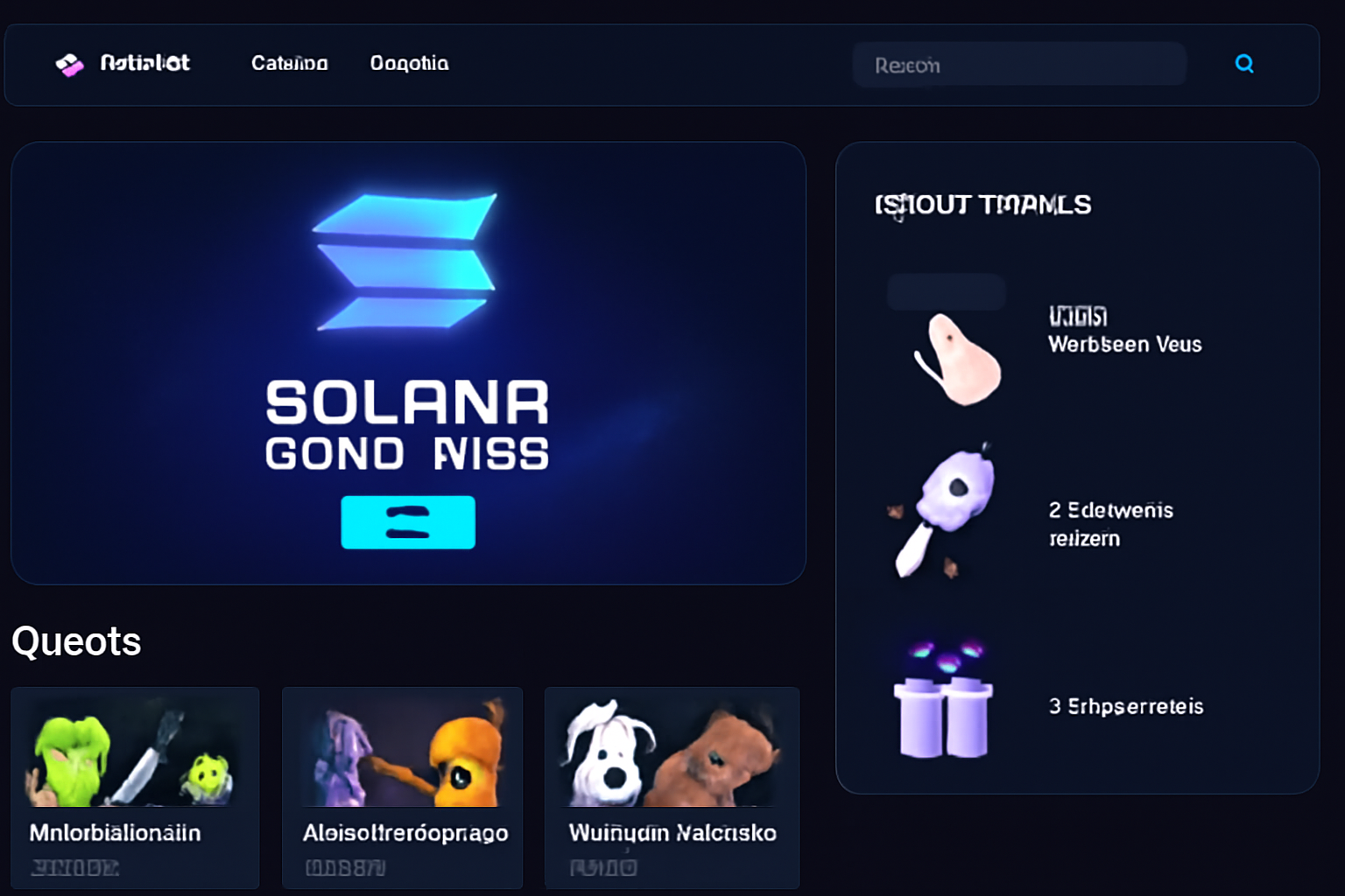 sleek Galxe webpage with Solana Game Pass banner, glowing blue Solana logo, quest cards for games, futuristic UI