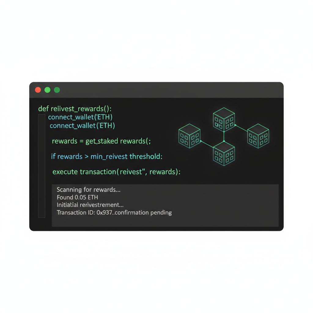 code script automating crypto reward reinvestment, terminal window blockchain nodes, dark mode tech