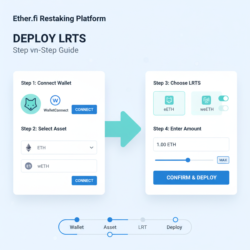 professional dashboard deploying LRTs on Ether.fi Ethereum restaking platform, clean UI, blue tones