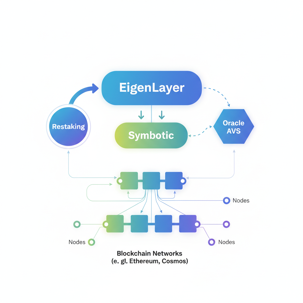 integration diagram EigenLayer Symbiotic oracle AVS restaking, nodes connecting blockchain networks, abstract tech art