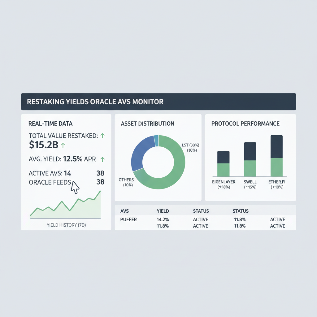 crypto dashboard monitoring restaking yields oracle AVS, charts graphs real-time data, professional interface