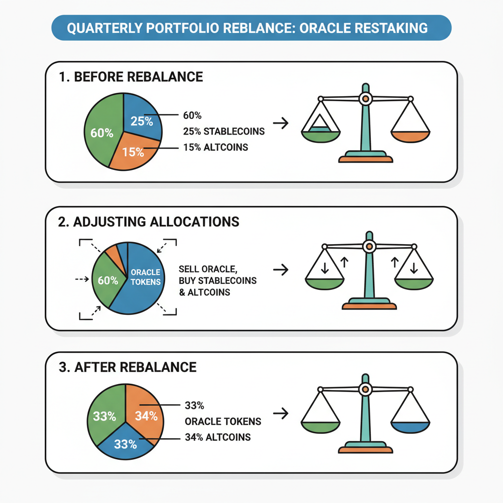 quarterly portfolio rebalance chart oracle restaking, pie charts arrows adjusting allocations, balanced scales