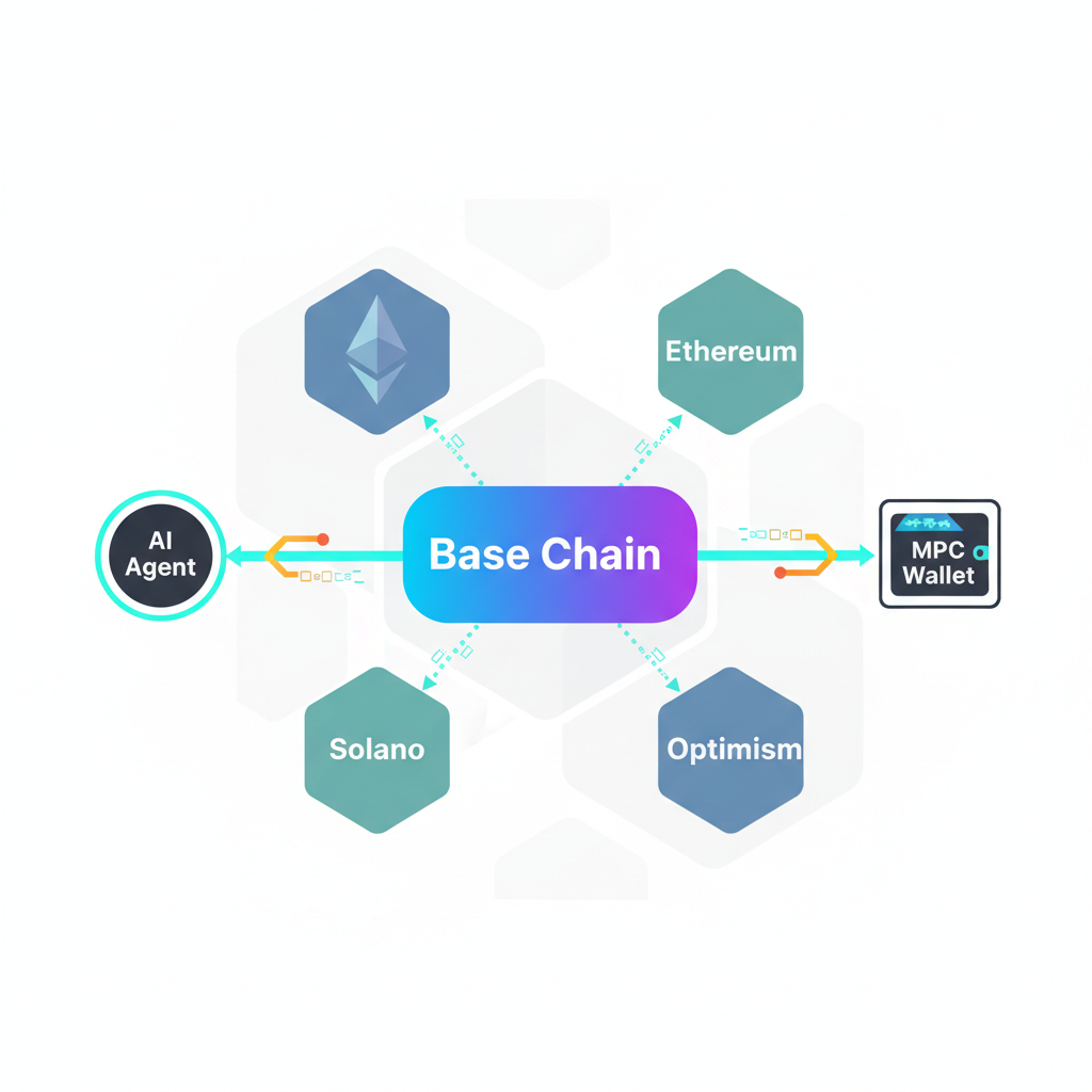 blockchain network diagram with Base chain highlighted, AI agent node connecting to MPC wallet, vibrant digital links