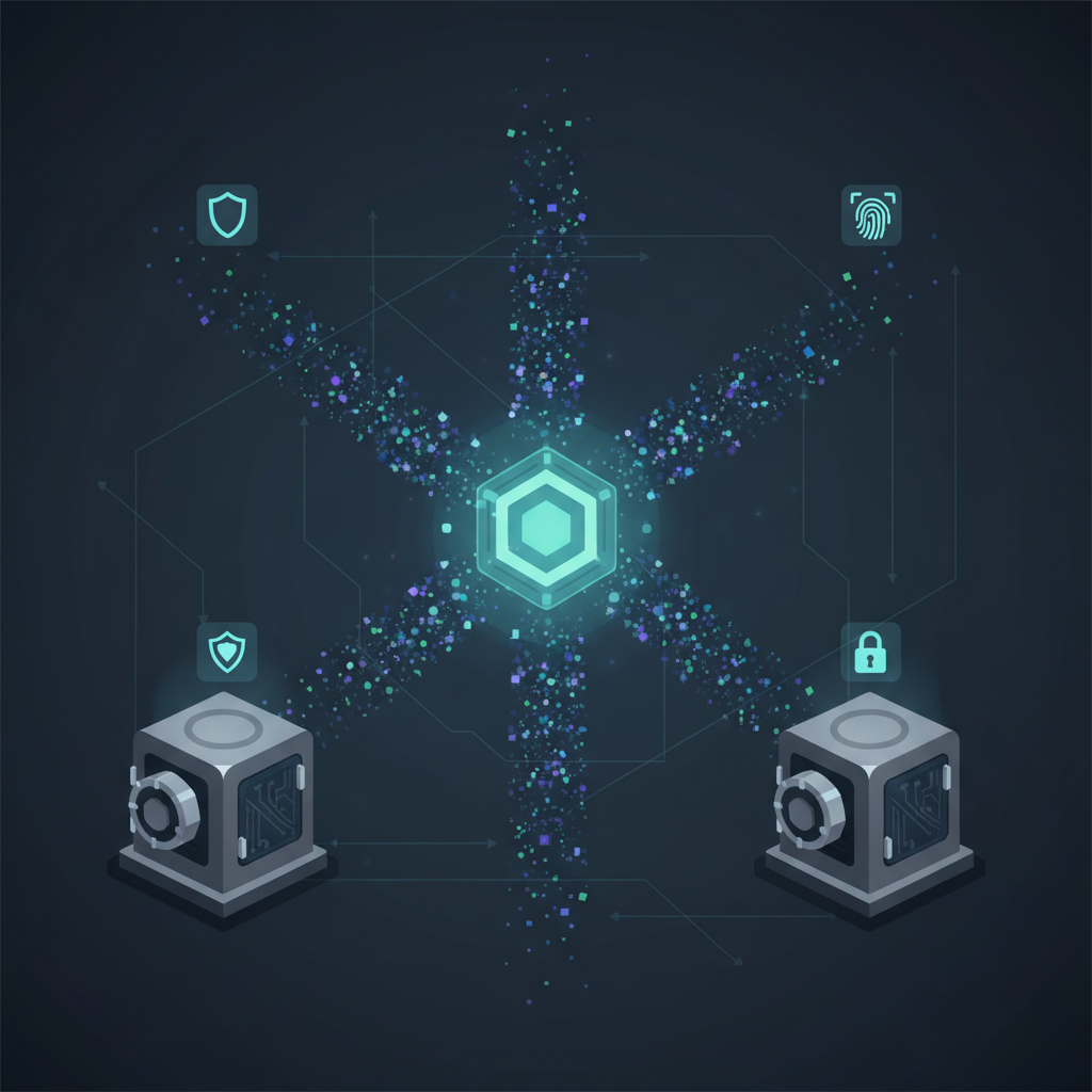 abstract visualization of MPC key shares distributing across secure nodes, glowing particles, high-tech security vault aesthetic