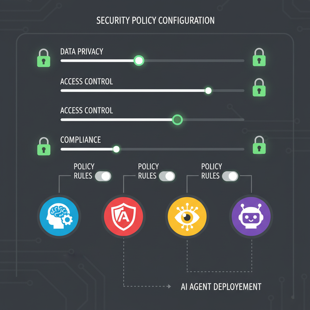 control panel dashboard with policy rules sliders and AI agent icons, futuristic UI, green secure locks