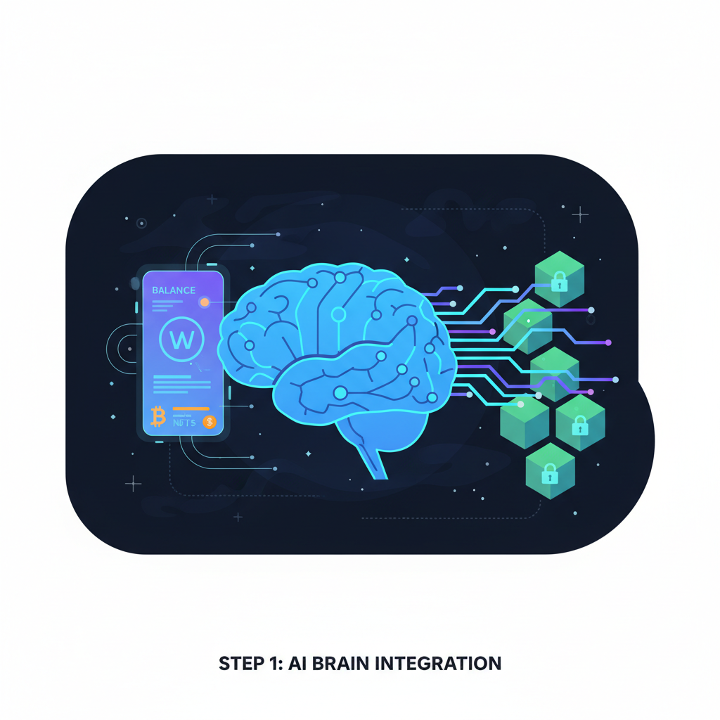 AI brain neural network merging with crypto wallet interface, electric synapses connecting to blockchain, sci-fi art