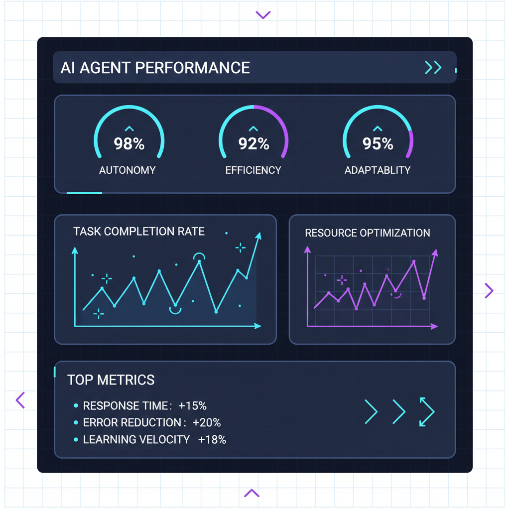 analytics dashboard with AI agent metrics, performance graphs spiking upwards, dark mode futuristic theme