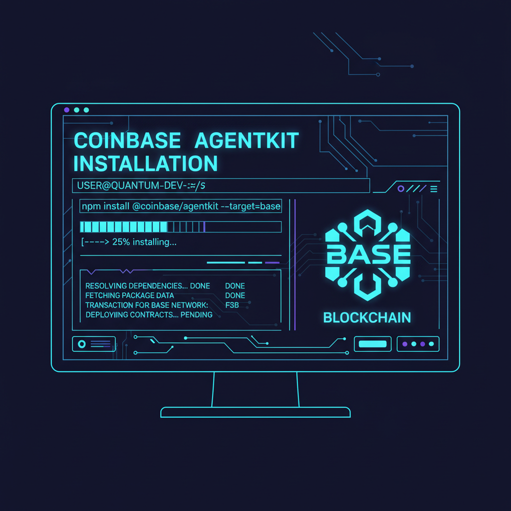 futuristic developer terminal screen showing Coinbase AgentKit installation on Base blockchain, neon blue tones, cyberpunk style