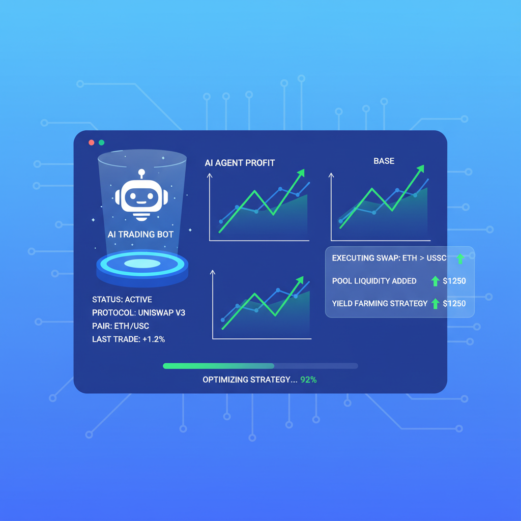 live dashboard showing AI agent executing DeFi trades on Base, rising charts, holographic displays