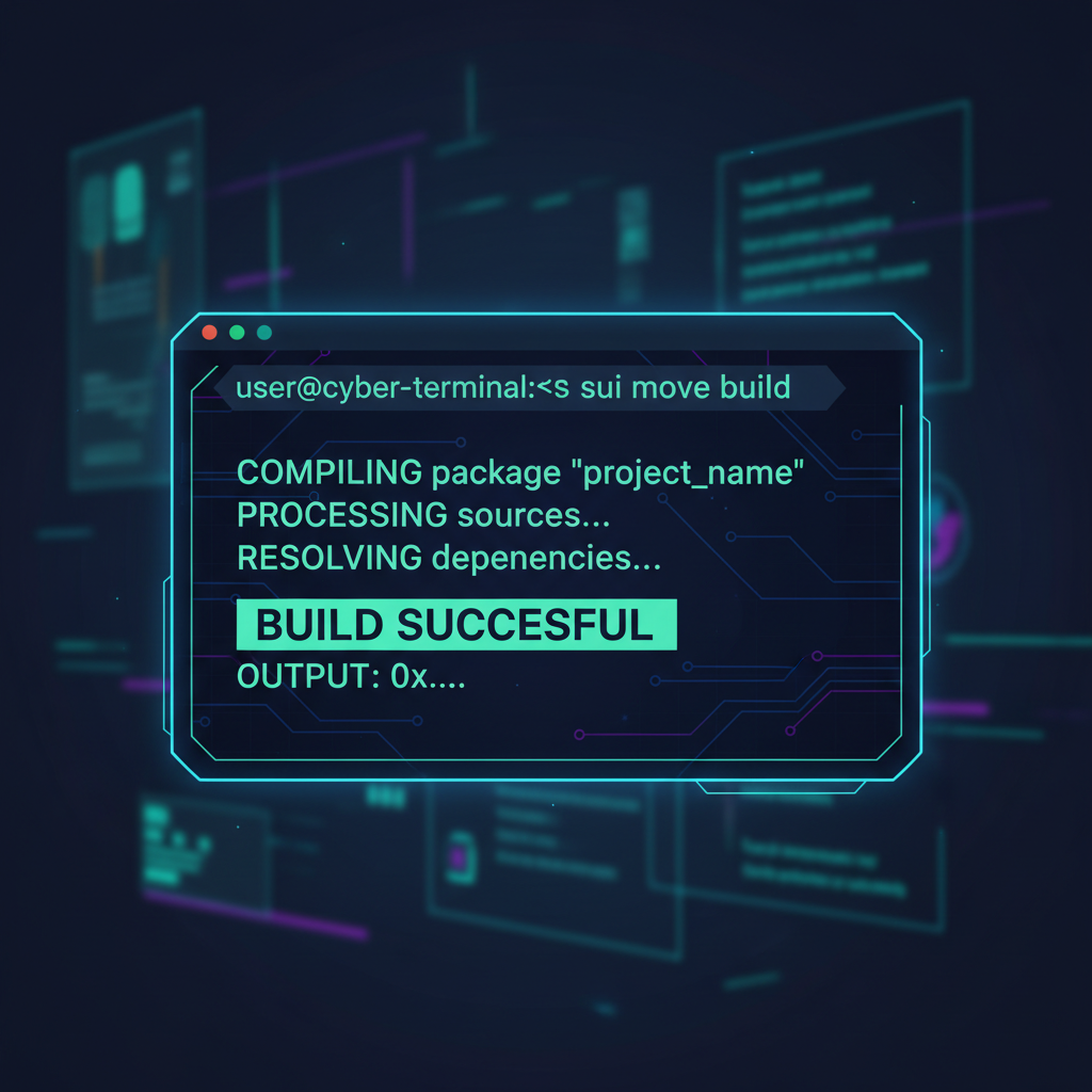 terminal window running sui move build command successfully, futuristic blockchain theme, vibrant green success output, cyberpunk style