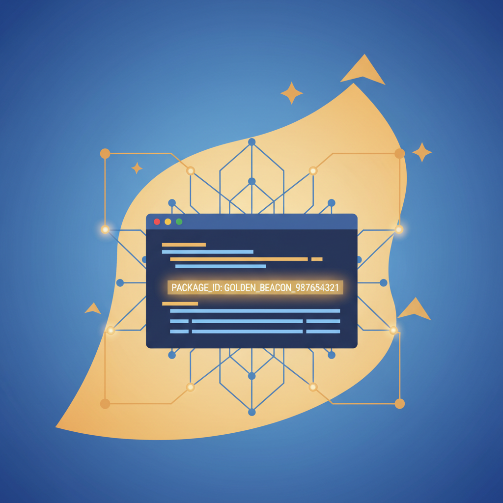 highlighting package ID in terminal output, golden glowing text, blockchain network connecting, motivational success aura