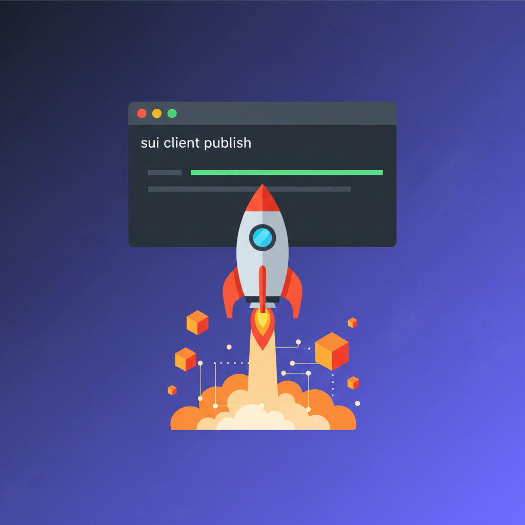 command line executing sui client publish, package deploying to blockchain, explosive rocket launch visualization, fiery orange and dynamic particles