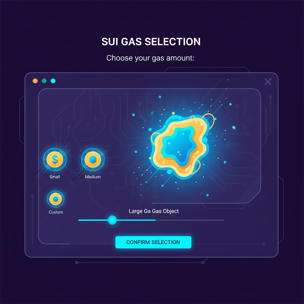 Sui blockchain gas selection interface, coins glowing with energy, selecting a large gas object, neon blue and gold tones, high-tech UI