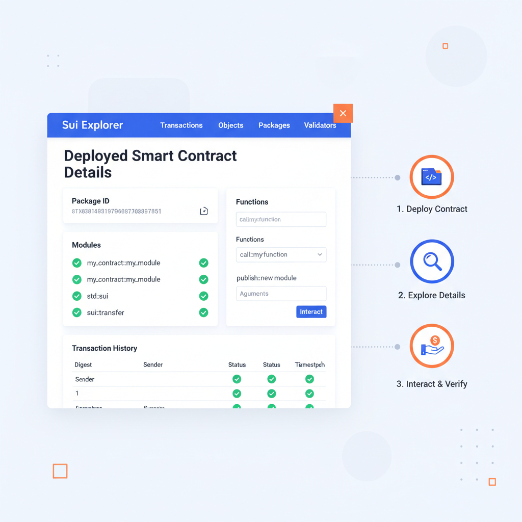 Sui Explorer webpage showing deployed smart contract details, interactive UI, blockchain verification checkmarks, vibrant explorer dashboard